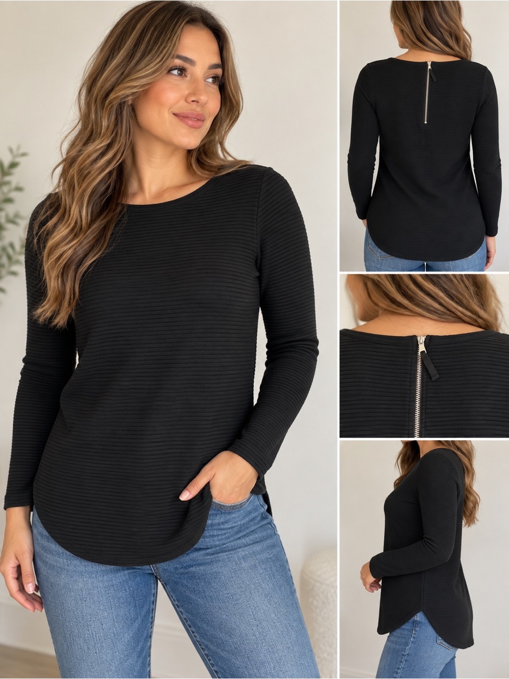 Merona Black Ribbed Long-Sleeve Top with Back Zipper